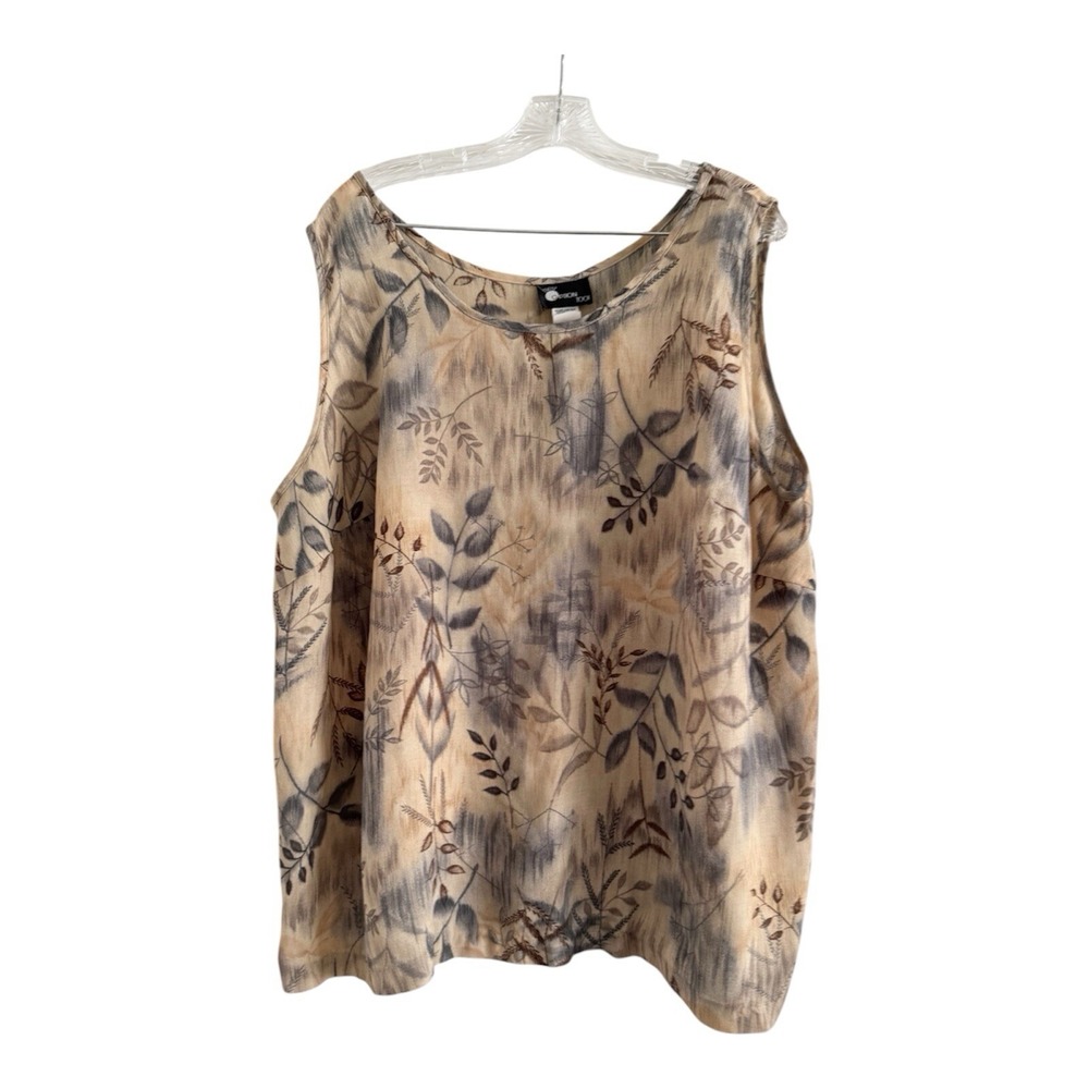 FIRST OPTION TOO Women's Tan Floral Trees Sleeveless Blouse-PLUS 3X